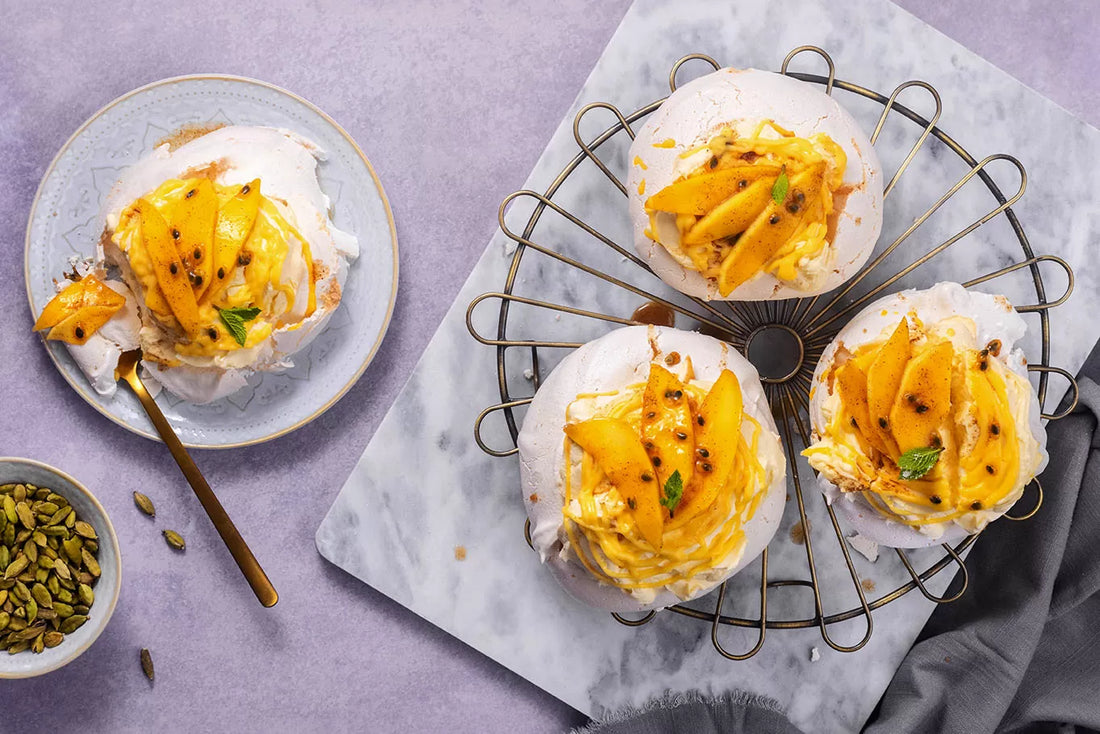 Mini Mango, Cardamom and Ginger Pavlovas